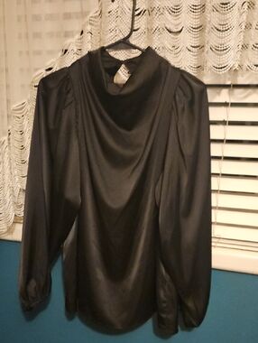 Pilgrim Black Satin Draped Cowl-Neck Blouse